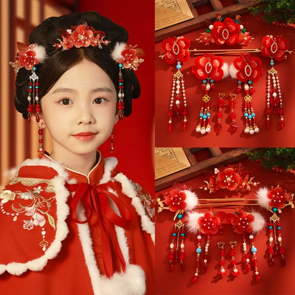 Ancient Style New Year Chinese Style Hairpin Set Tassel Red Hanfu Hair Stick Hair Chopstick for Buns Flower Hair Comb Cheongsam - Image 3