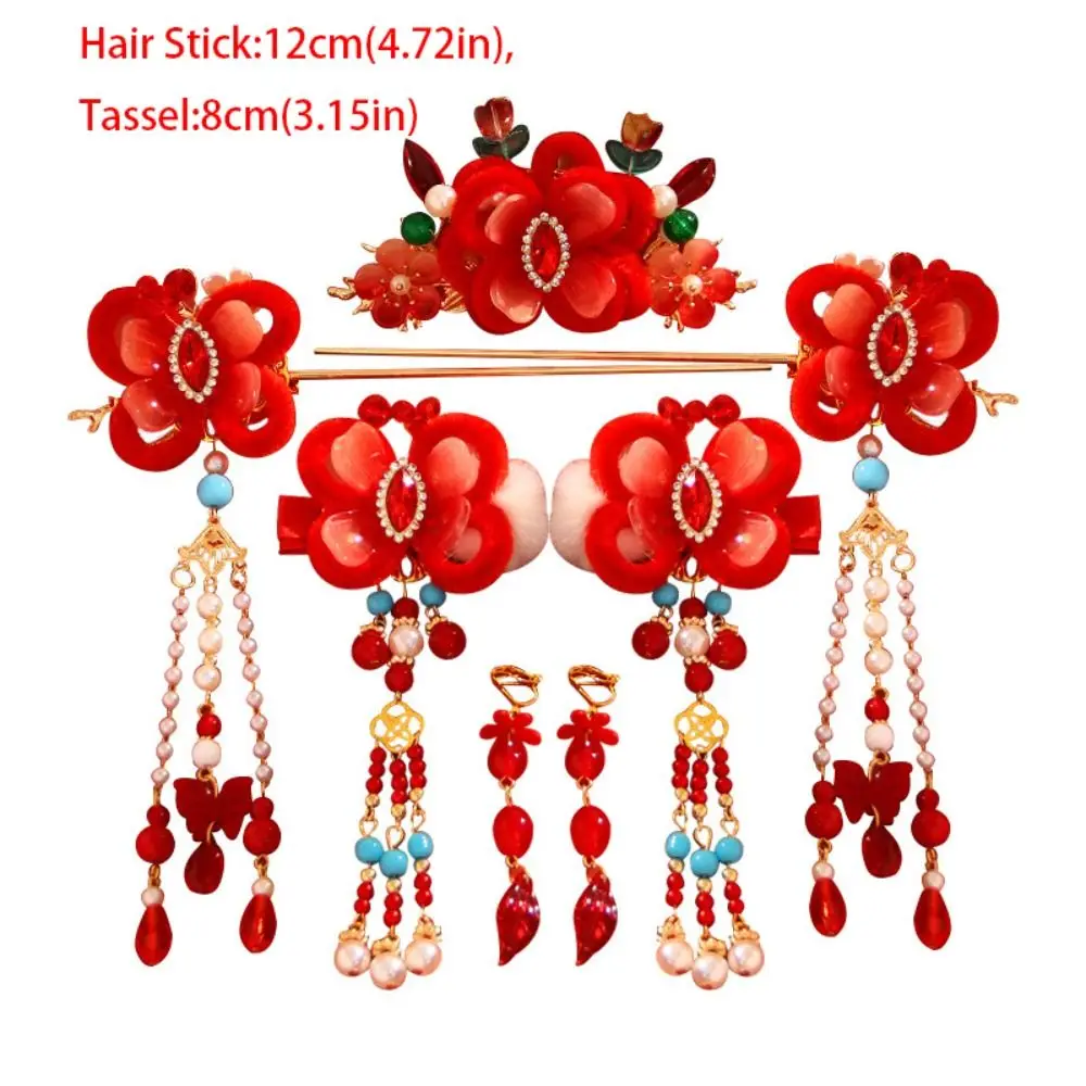 Antique New Year Chinese Style Hairpin Set Red Pearl Hanfu Hair Stick Alloy Earring Flower Hair Comb Women - Image 6