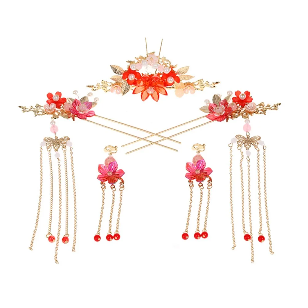 Elegant Flower Bridal Headwear Alloy Plastic Wedding Hair Sticks Chinese Style U-Shape Earrings Hairpin Set Hanfu - Image 8