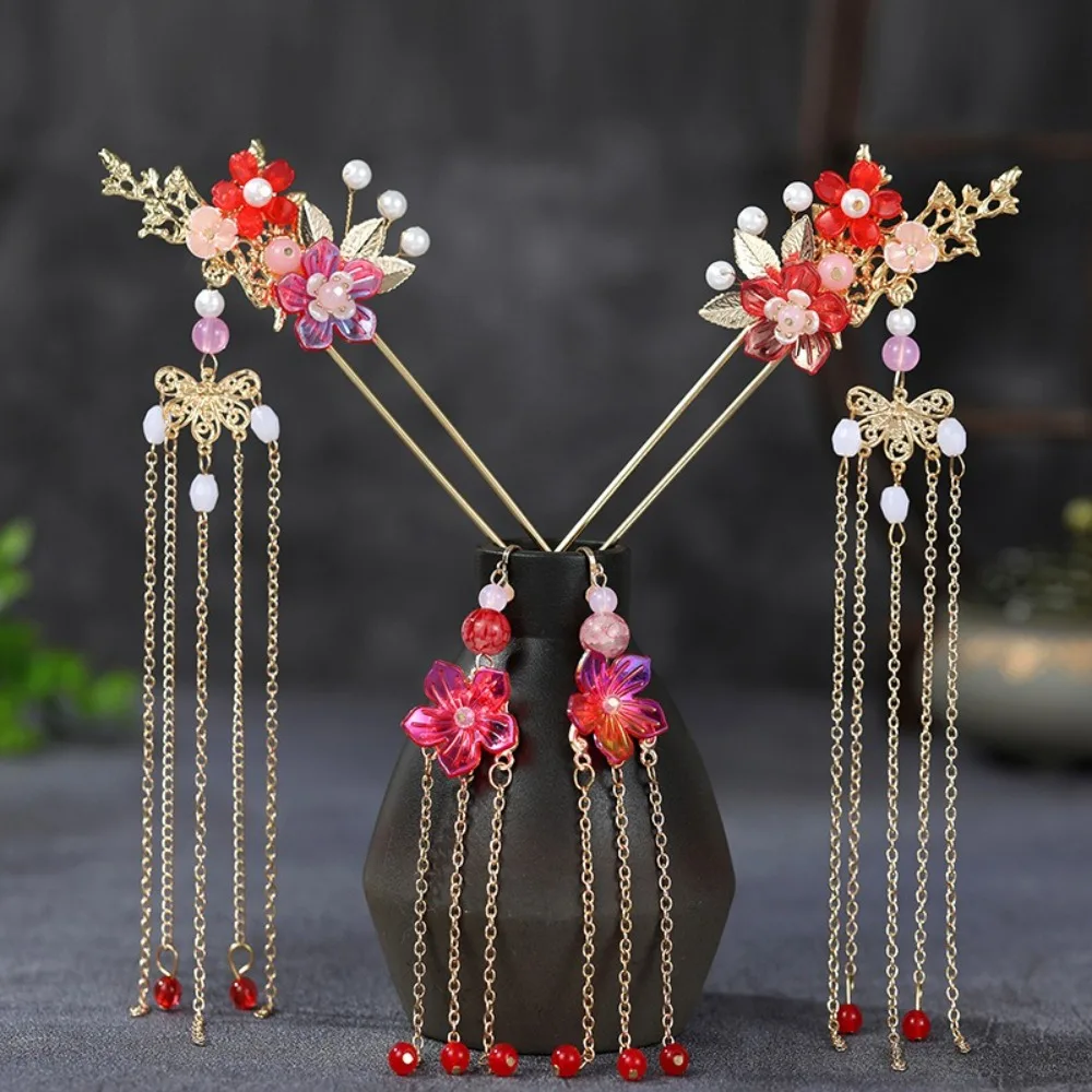 Elegant Flower Bridal Headwear Alloy Plastic Wedding Hair Sticks Chinese Style U-Shape Earrings Hairpin Set Hanfu - Image 10
