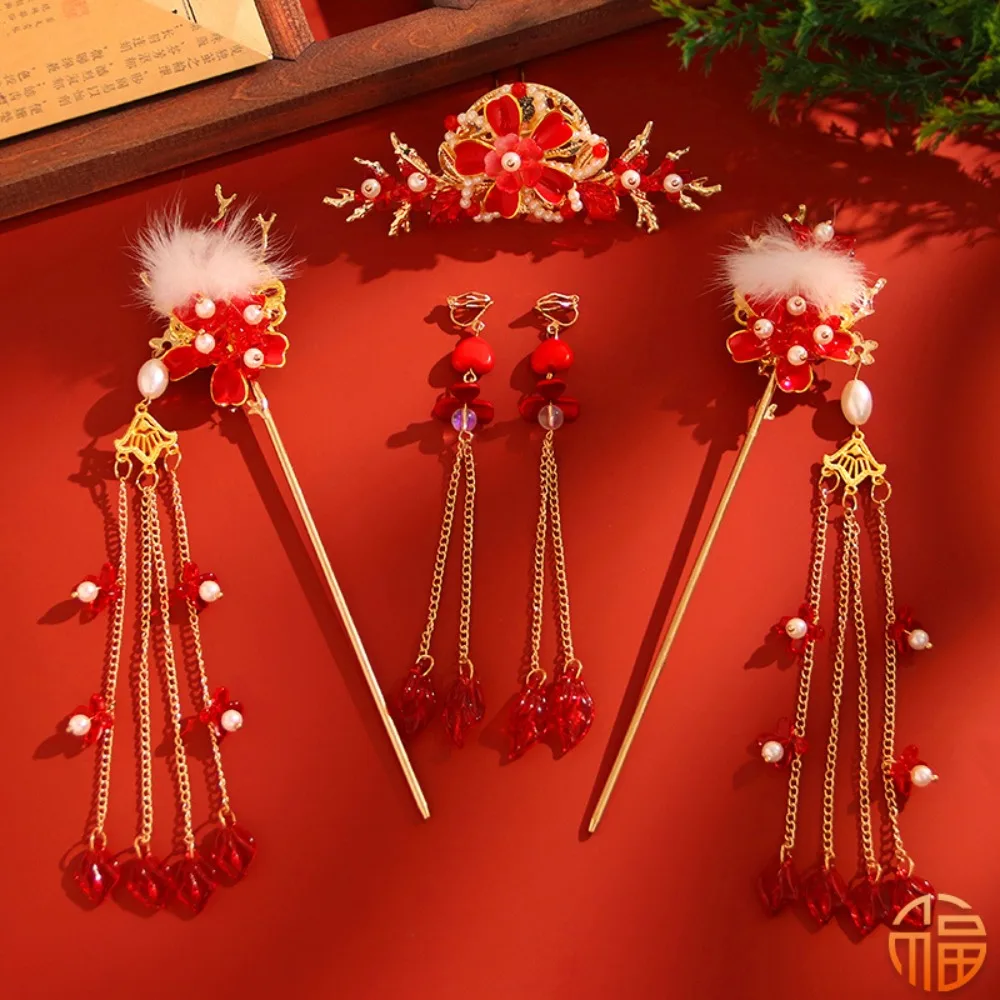 Ancient Style New Year Chinese Style Hairpin Set Tassel Red Hanfu Hair Stick Hair Chopstick for Buns Flower Hair Comb Cheongsam - Image 10