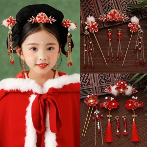 Antique New Year's Red Chinese Style Hairpin Set Flower Pearl Hanfu Hair Stick Tassel Hair Fork Women