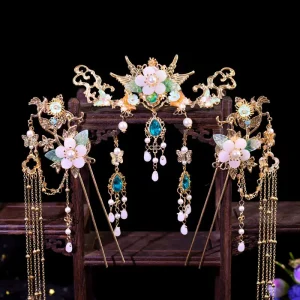 Ancient Womens Metal Flower With Beads Fringe Hair Crown Hairpin Earrings Set Hanfu Headwear