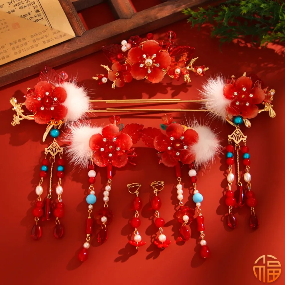 Ancient Style New Year Chinese Style Hairpin Set Tassel Red Hanfu Hair Stick Hair Chopstick for Buns Flower Hair Comb Cheongsam - Image 9