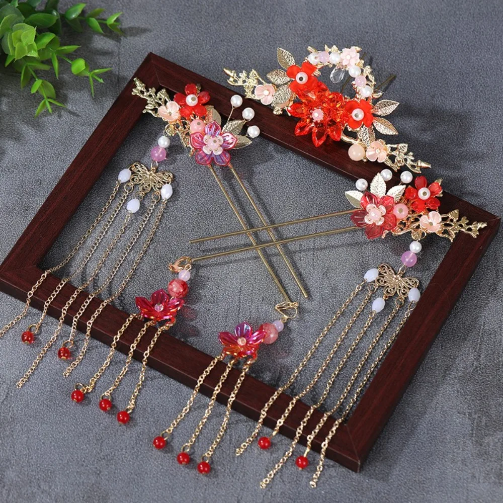 Elegant Flower Bridal Headwear Alloy Plastic Wedding Hair Sticks Chinese Style U-Shape Earrings Hairpin Set Hanfu - Image 4