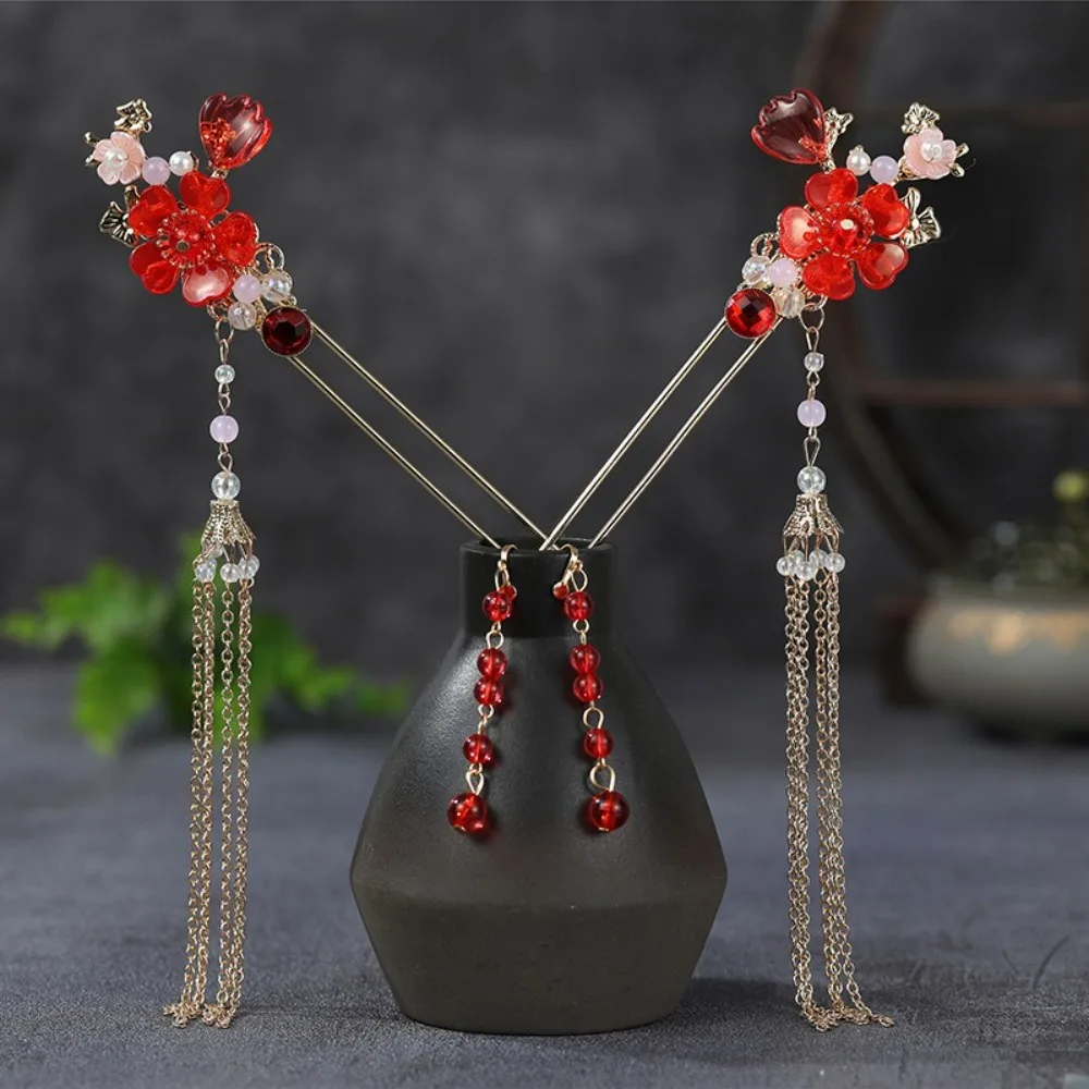Elegant Flower Bridal Headwear Alloy Plastic Wedding Hair Sticks Chinese Style U-Shape Earrings Hairpin Set Hanfu - Image 2