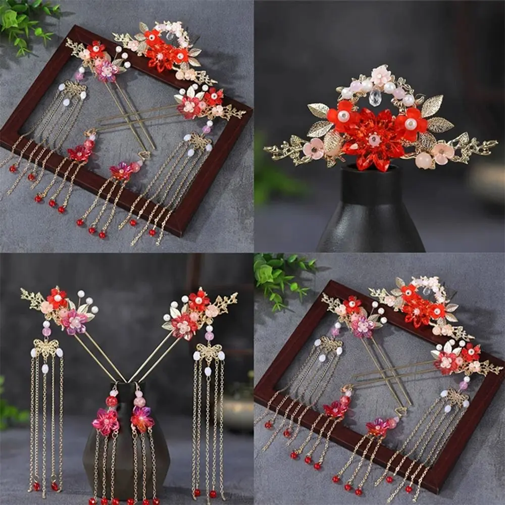 Elegant Flower Bridal Headwear Alloy Plastic Wedding Hair Sticks Chinese Style U-Shape Earrings Hairpin Set Hanfu - Image 9