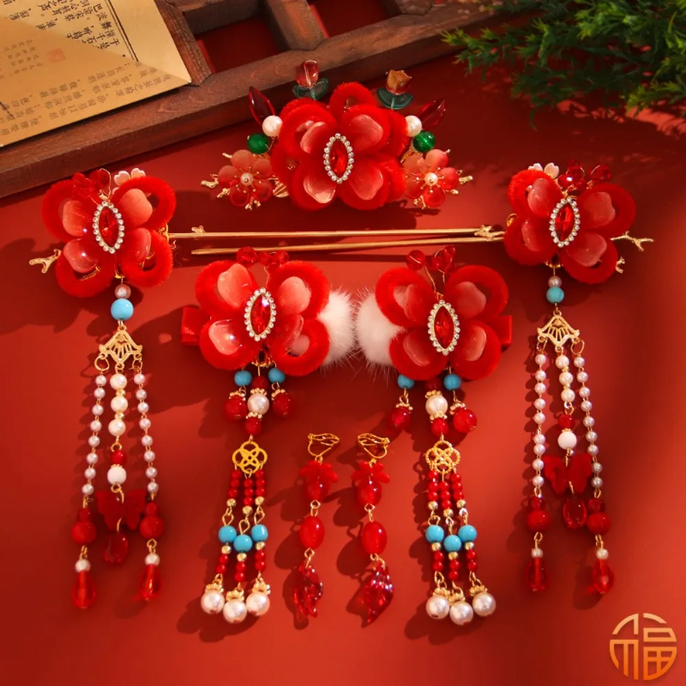 Ancient Style New Year Chinese Style Hairpin Set Tassel Red Hanfu Hair Stick Hair Chopstick for Buns Flower Hair Comb Cheongsam - Image 7