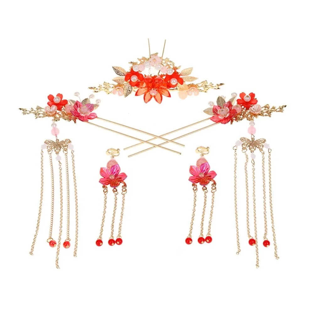 Elegant Flower Bridal Headwear Alloy Plastic Wedding Hair Sticks Chinese Style U-Shape Earrings Hairpin Set Hanfu - Image 3