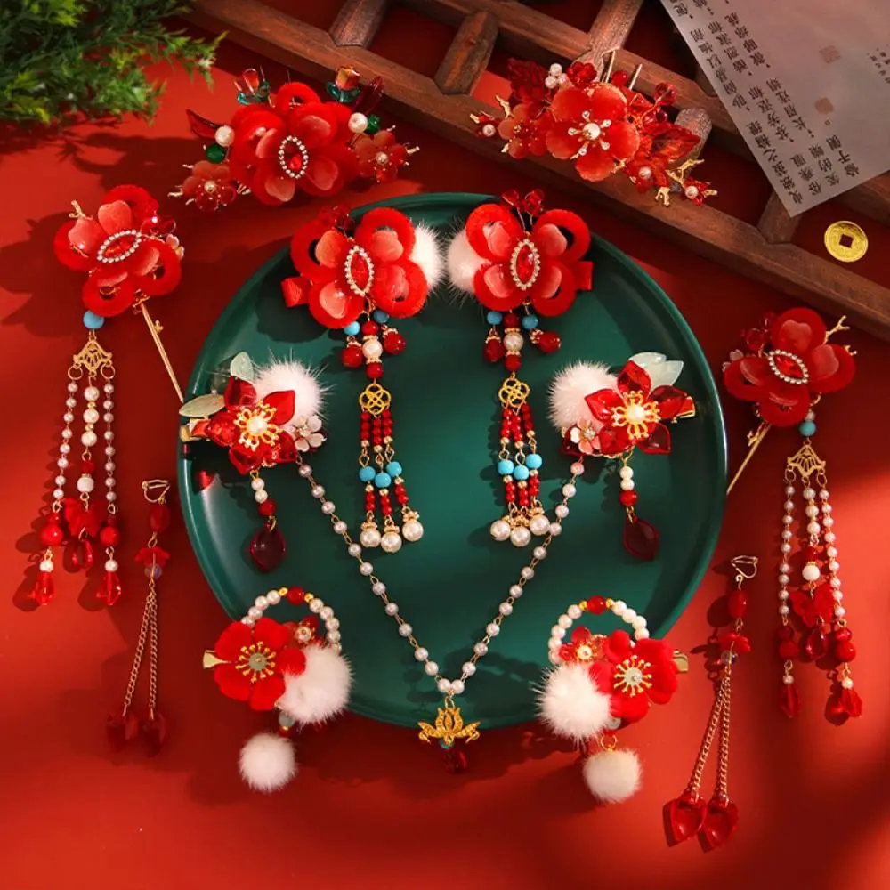 Antique New Year Chinese Style Hairpin Set Red Pearl Hanfu Hair Stick Alloy Earring Flower Hair Comb Women - Image 18