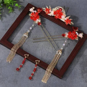 Elegant Flower Bridal Headwear Alloy Plastic Wedding Hair Sticks Chinese Style U-Shape Earrings Hairpin Set Hanfu