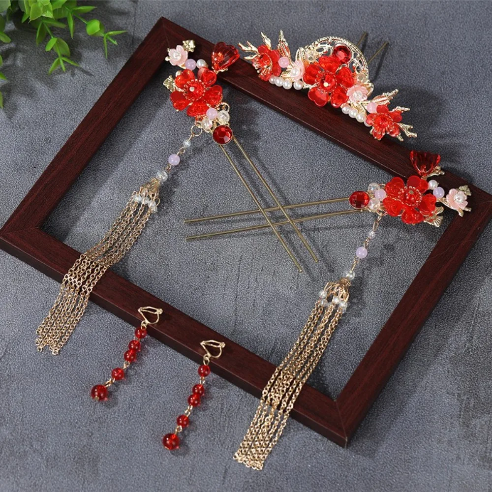 Elegant Flower Bridal Headwear Alloy Plastic Wedding Hair Sticks Chinese Style U-Shape Earrings Hairpin Set Hanfu