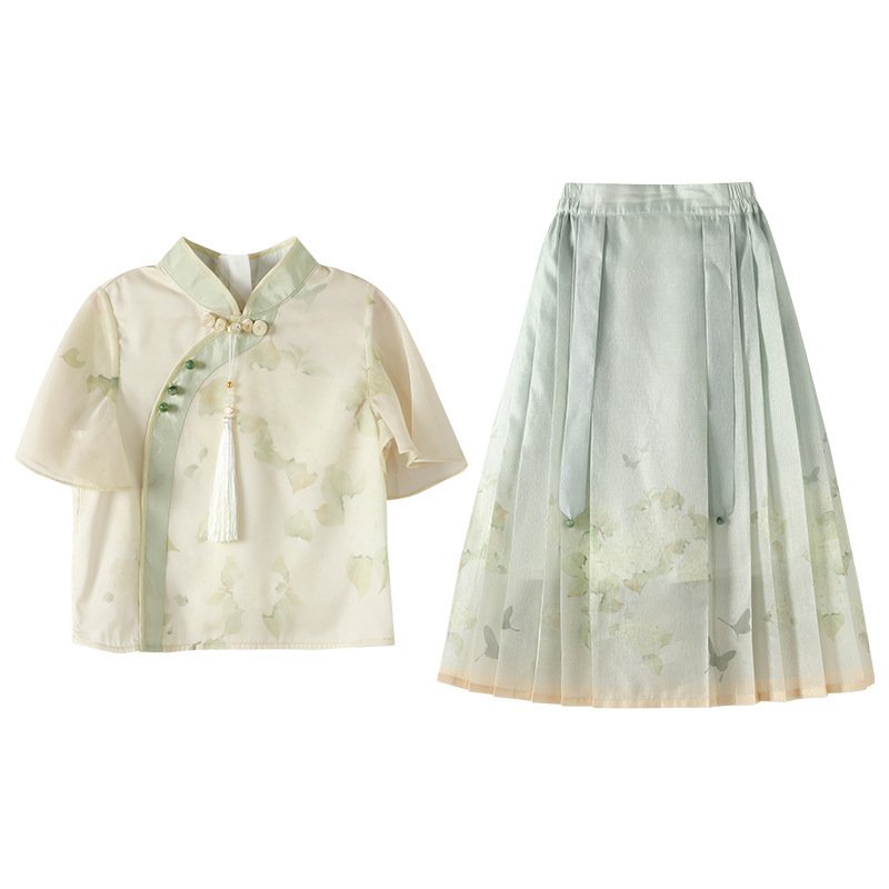 Girls Chinese Style Traditional Short Sleeve Horse-face Skirt Kids Clothes Two-piece Suit - Image 7