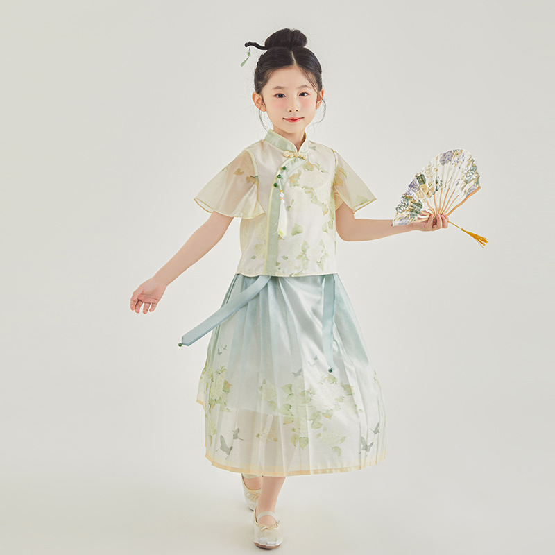 Girls Chinese Style Traditional Short Sleeve Horse-face Skirt Kids Clothes Two-piece Suit - Image 5