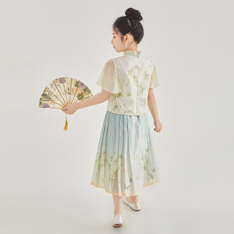 Girls Chinese Style Traditional Short Sleeve Horse-face Skirt Kids Clothes Two-piece Suit - Image 10
