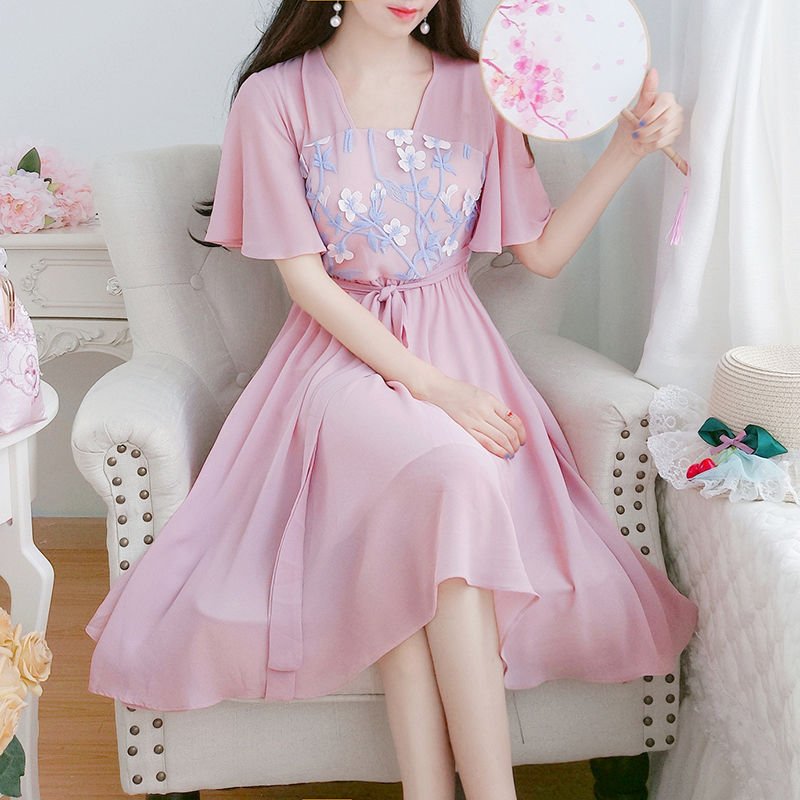 Women's Embroidered Chiffon Improved Hanfu Dress - Image 3