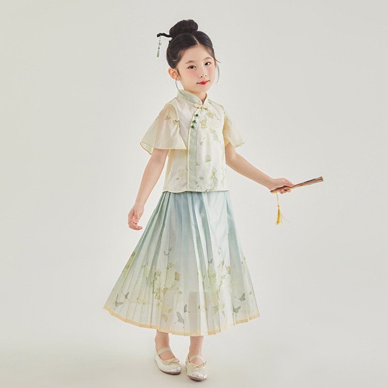 Girls Chinese Style Traditional Short Sleeve Horse-face Skirt Kids Clothes Two-piece Suit - Image 3